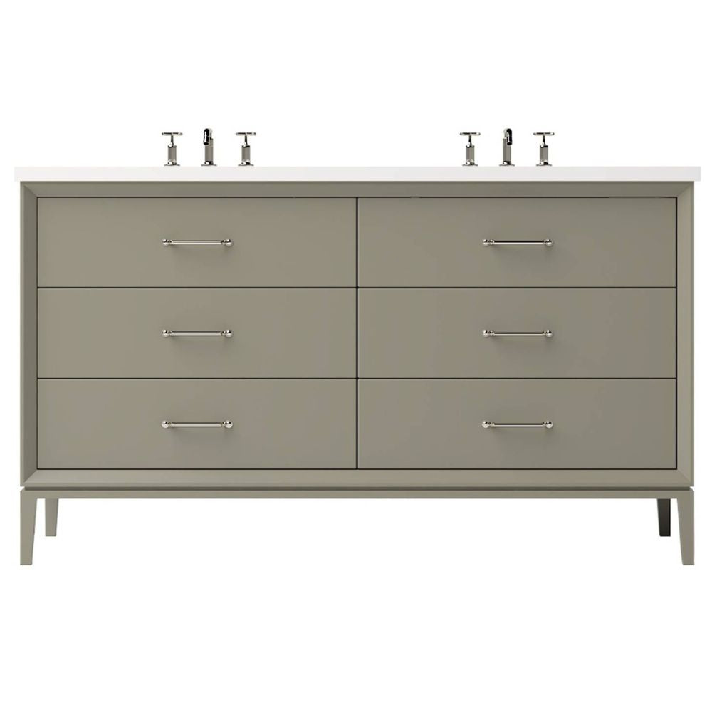 Gray dresser with gold handles on a white background