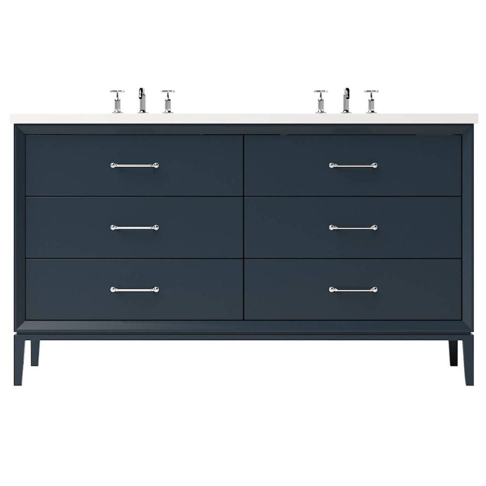 Blue bathroom vanity with white countertop and silver fixtures on a white background