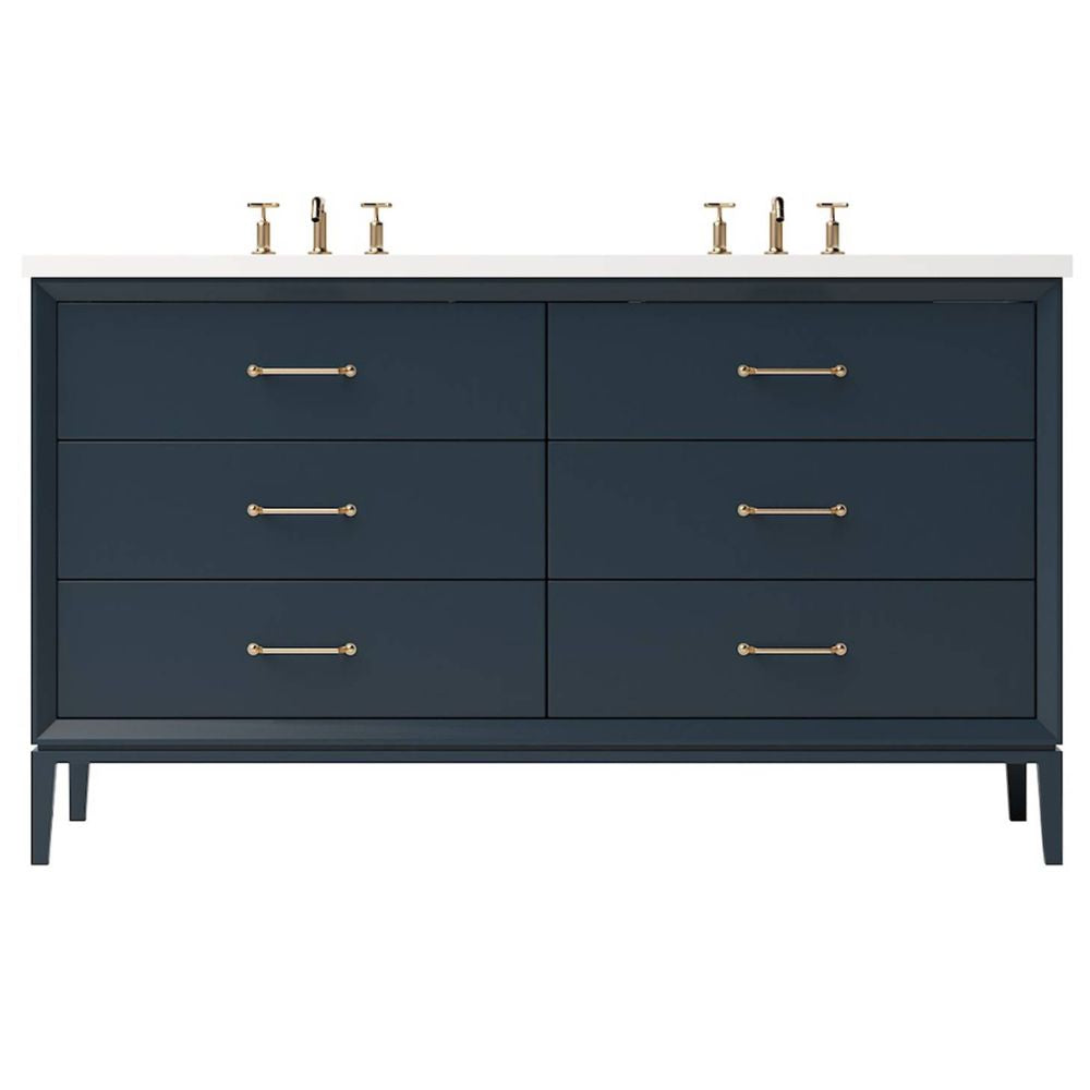 Navy blue vanity with white countertop and gold fixtures on a white background
