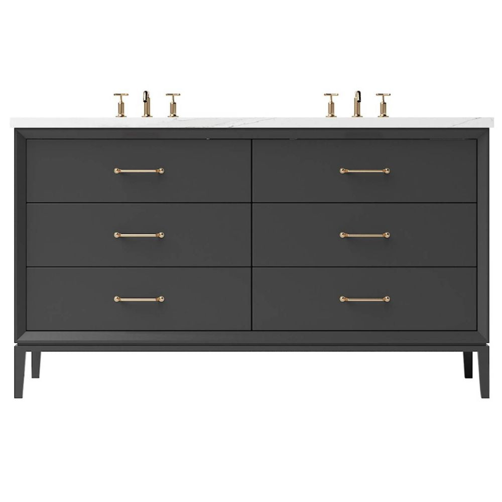 Dark gray dresser with gold handles on a white background