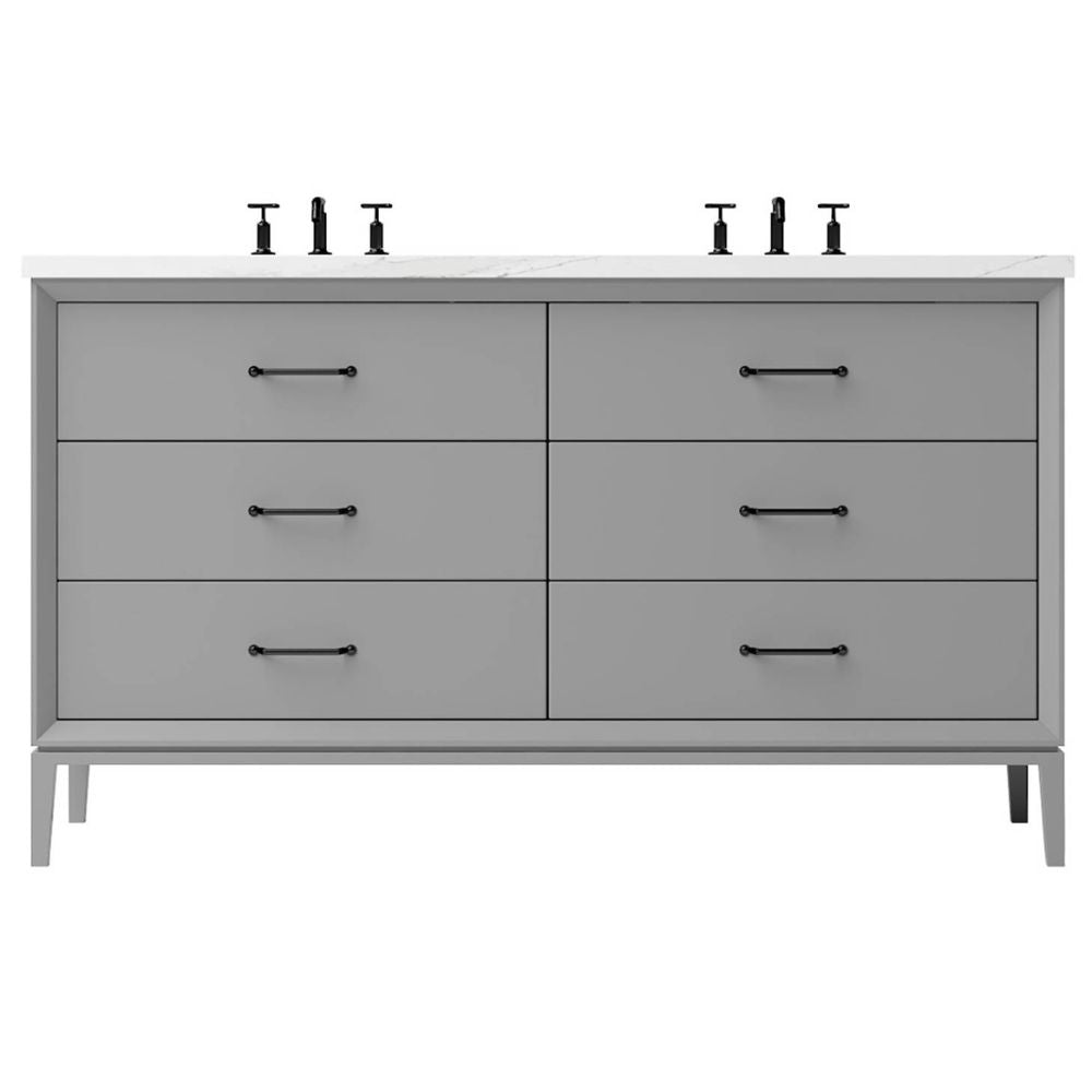 Gray dresser with six drawers and black handles on a white background