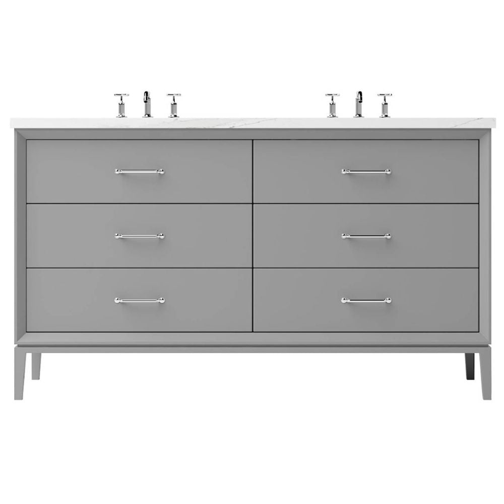 Gray bathroom vanity with white countertop and silver fixtures on a white background
