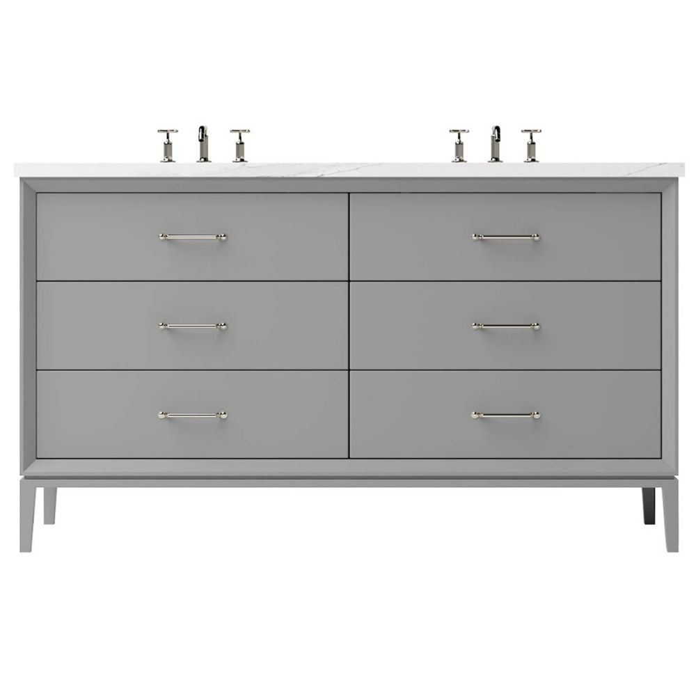 Gray bathroom vanity with white countertop and silver fixtures on a white background