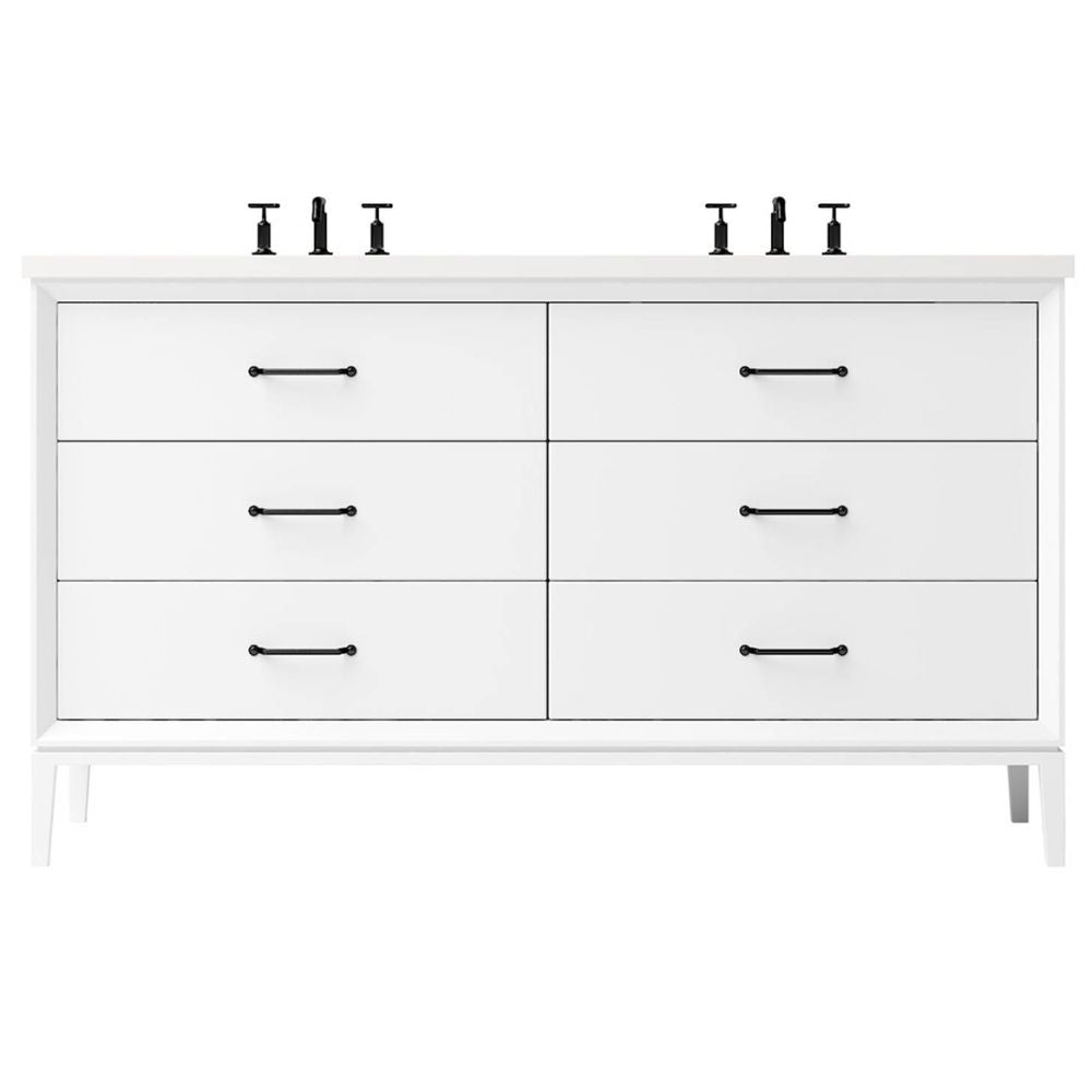 White dresser with six drawers and black handles on a white background