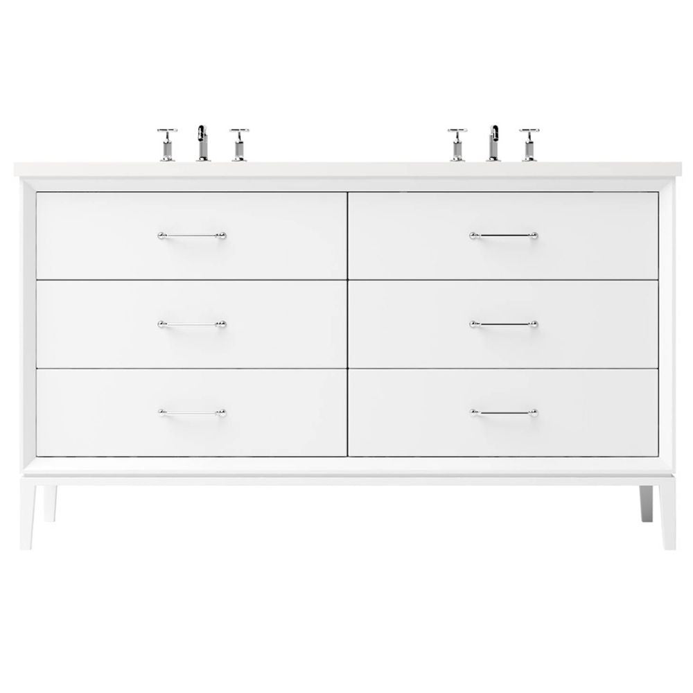 White bathroom vanity with six drawers and two sink fixtures on a white background