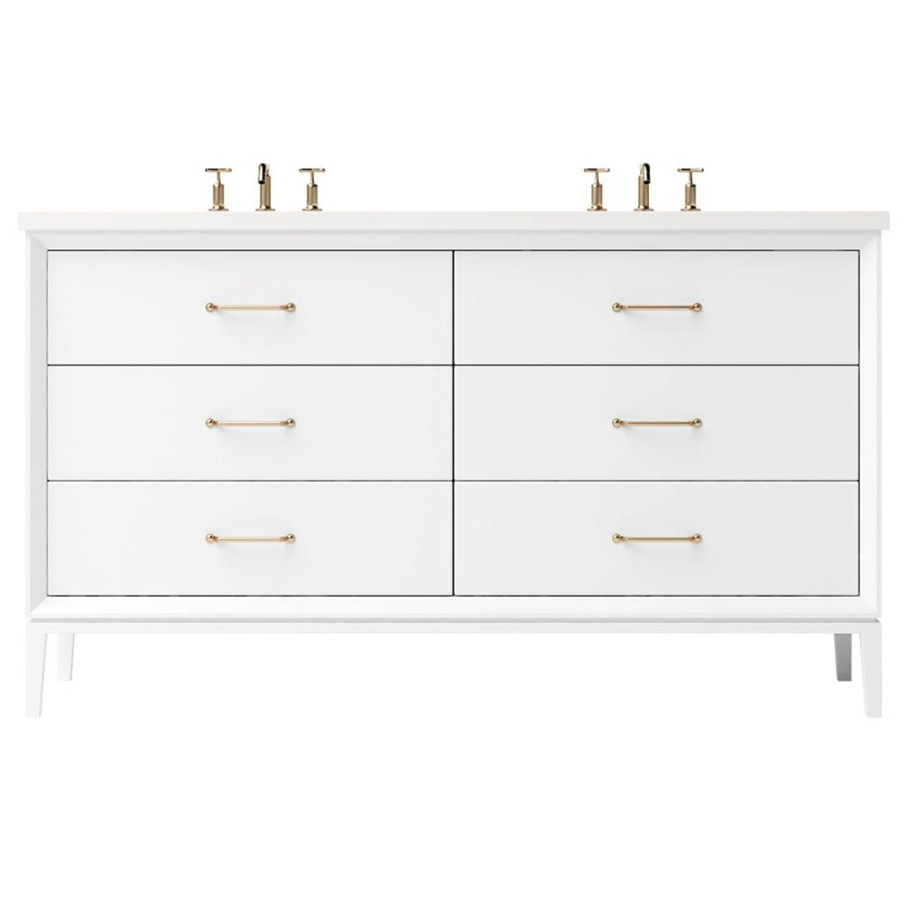 White dresser with gold handles on a white background