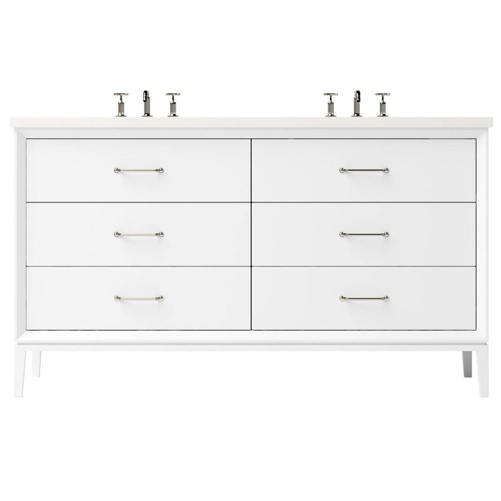 White bathroom vanity with six drawers and two sink fixtures on a white background