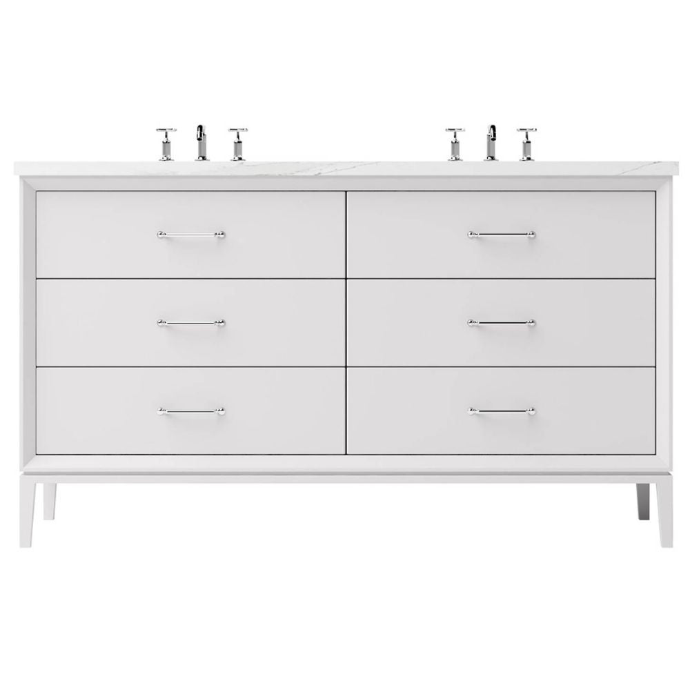 White bathroom vanity with six drawers and two faucet fixtures on a white background