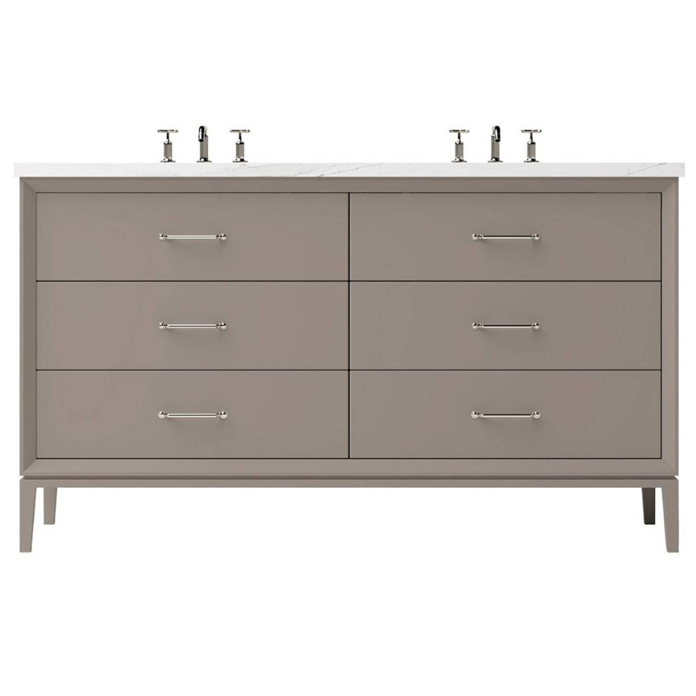 Gray bathroom vanity with white countertop and silver fixtures on a white background