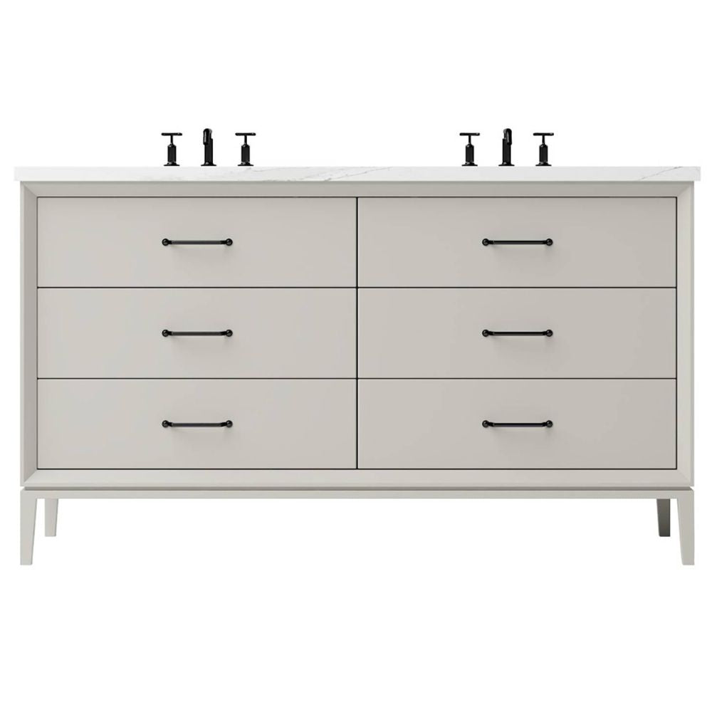 White dresser with six drawers and black handles on a white background