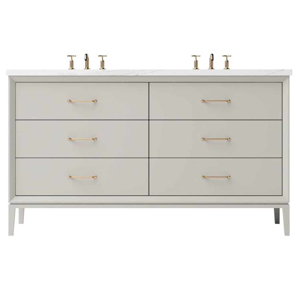 Gray bathroom vanity with gold handles on a white background