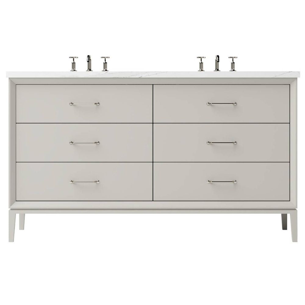 Gray bathroom vanity with four drawers and two sink fixtures on a white background