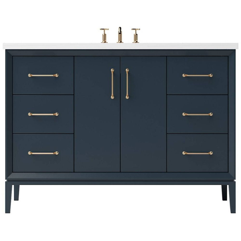 Bathroom vanity with dark blue cabinets, white countertop, and gold fixtures on a white background