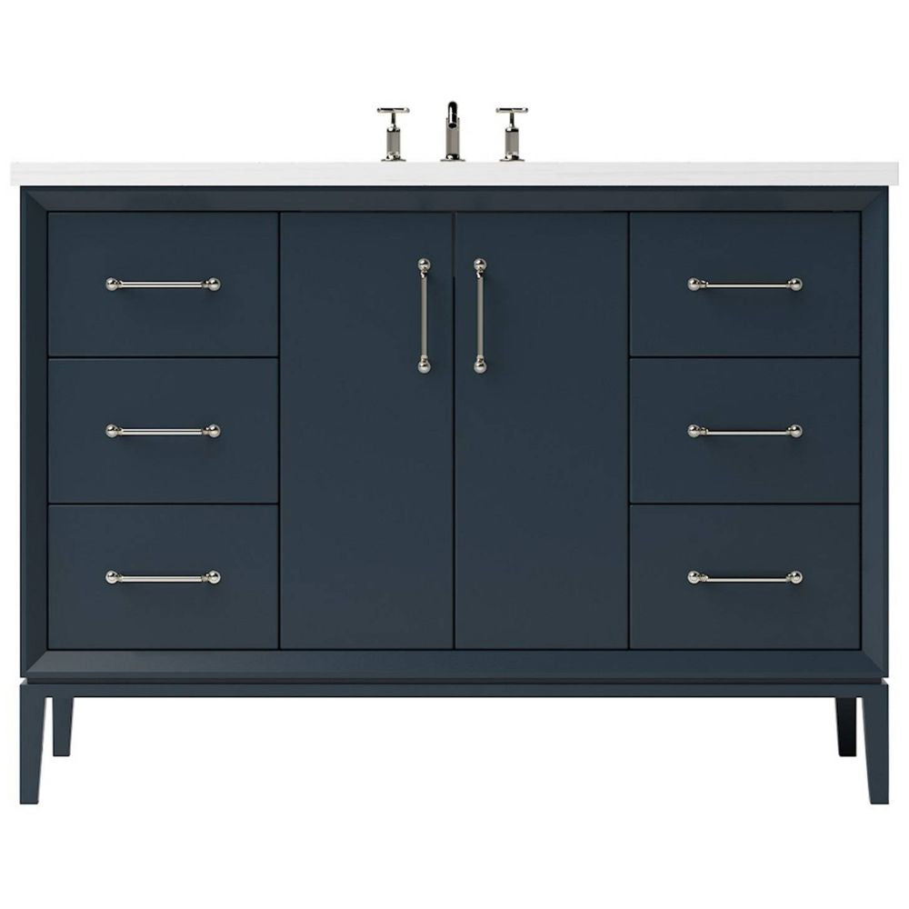 Bathroom vanity with dark blue cabinets, white countertop, and gold fixtures on a white background
