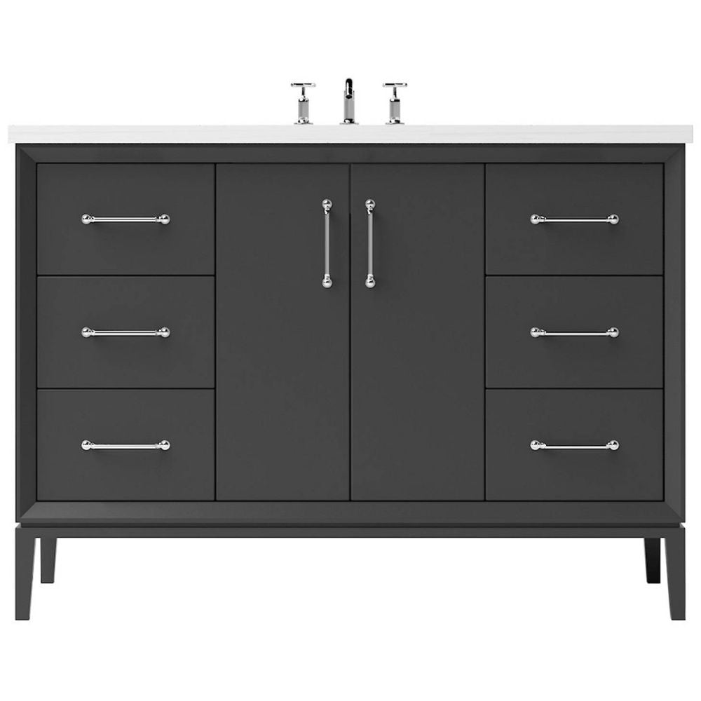 Bathroom vanity with dark gray finish, multiple drawers, and silver handles on a white background.