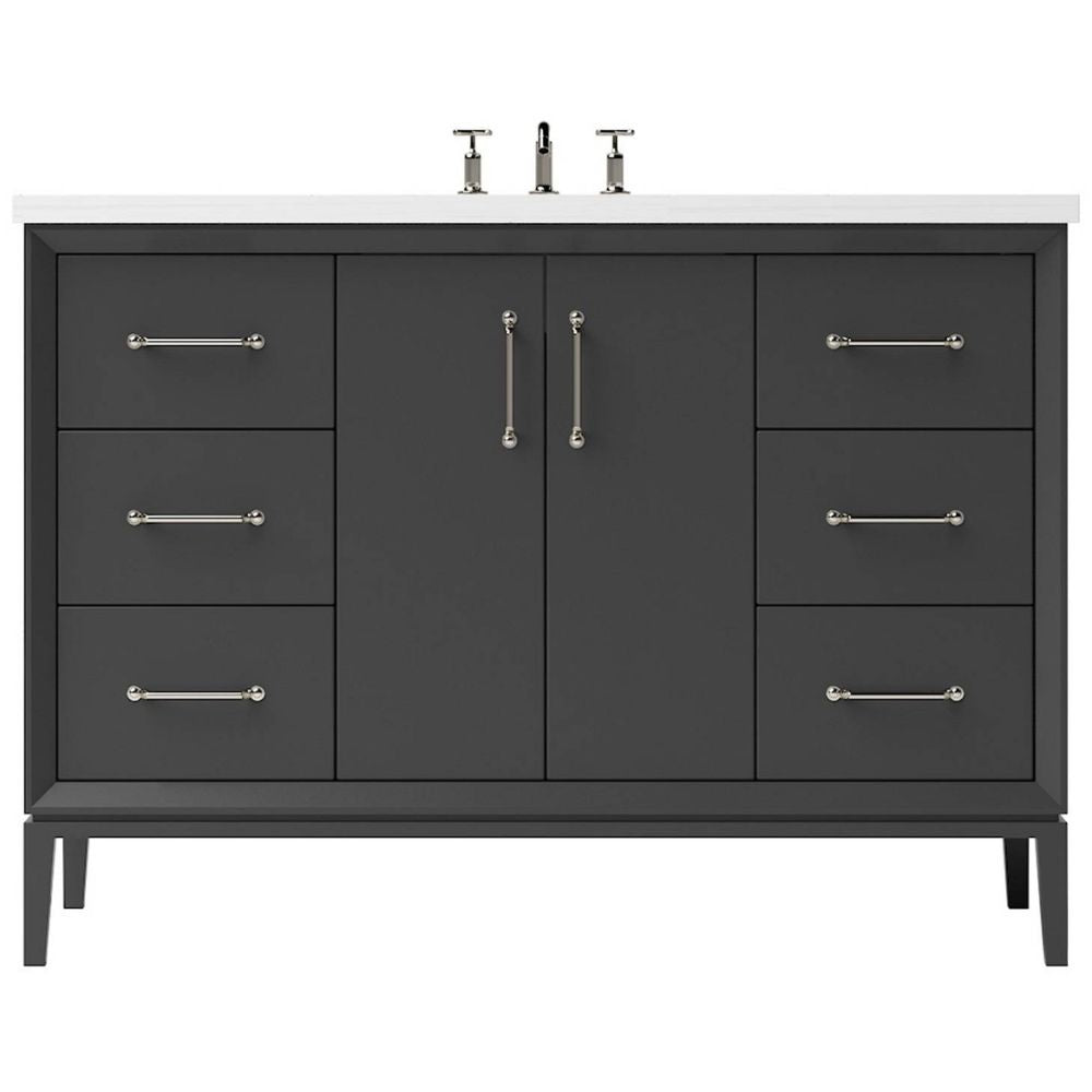 Bathroom vanity with dark gray finish, white countertop, and silver fixtures on a white background