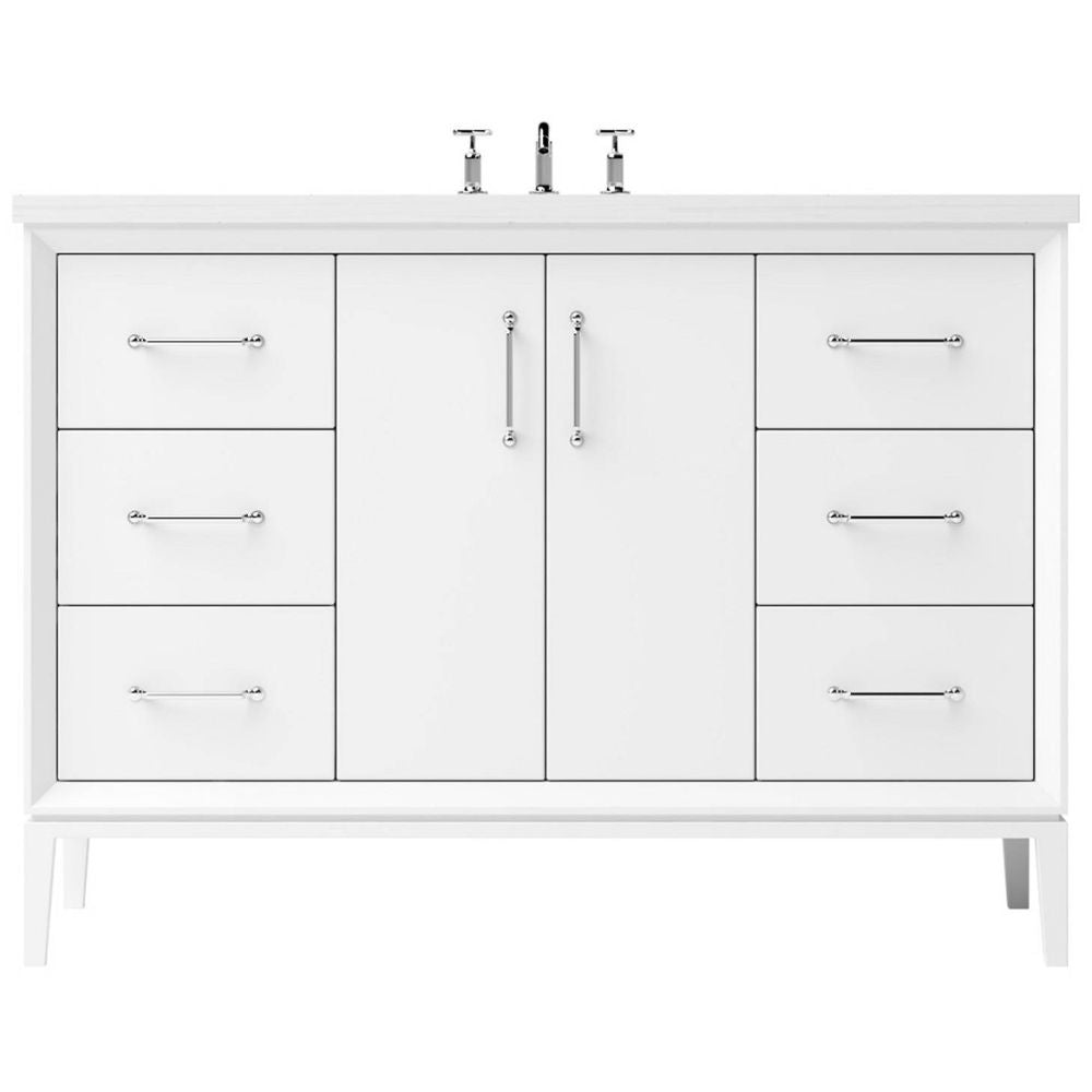 White bathroom vanity with multiple drawers and a central door on a white background