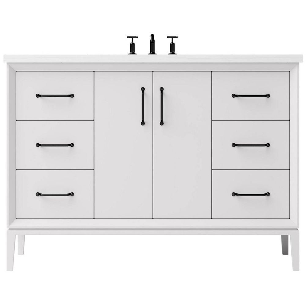 White bathroom vanity with black handles on a white background