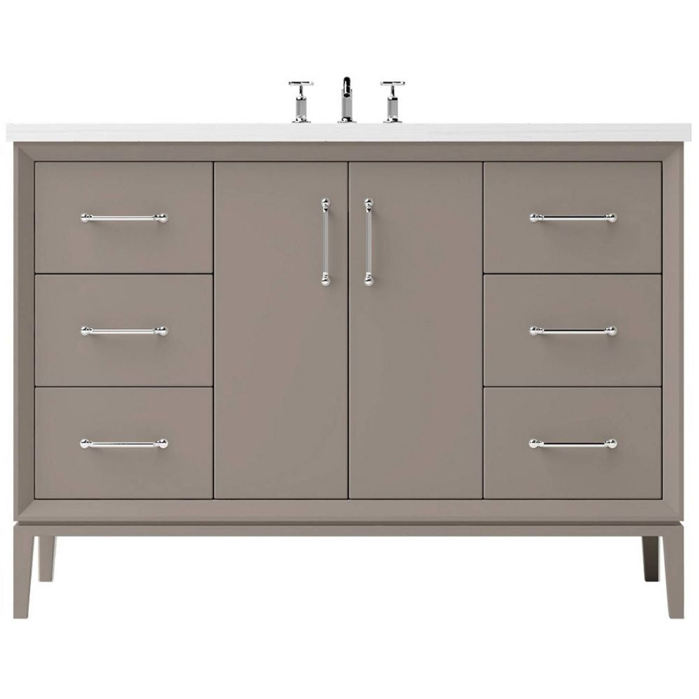 Gray bathroom vanity with white countertop and silver fixtures on a white background