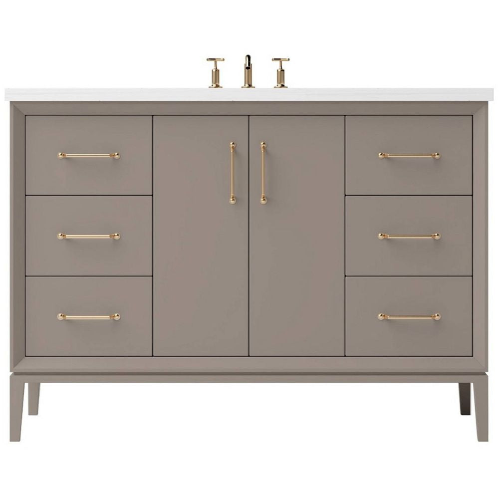 Bathroom vanity with gray cabinets, white countertop, and gold fixtures on a white background