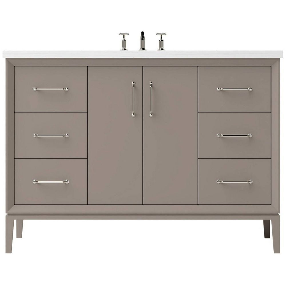Gray bathroom vanity with white countertop and silver fixtures on a white background