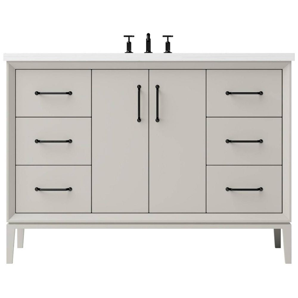 Bathroom vanity with white countertop, black fixtures, and gray cabinet doors.
