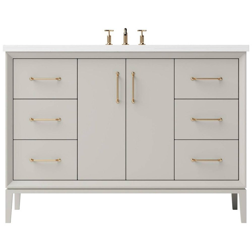 Gray bathroom vanity with gold handles on a white background