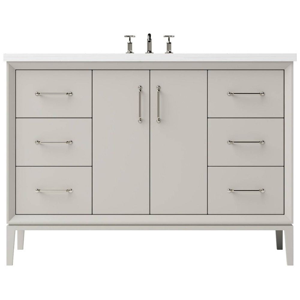 Gray bathroom vanity with white countertop and silver fixtures on a white background
