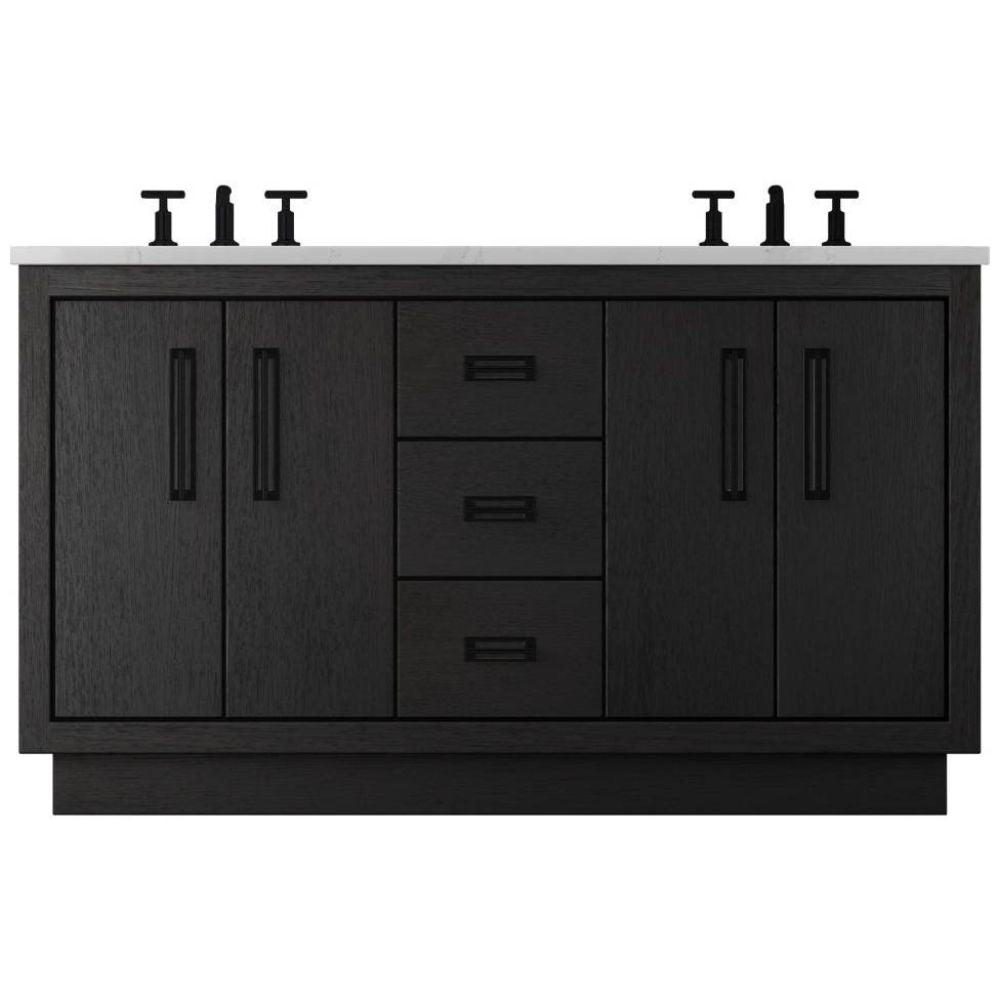 Black bathroom vanity with white countertop and black fixtures on a white background