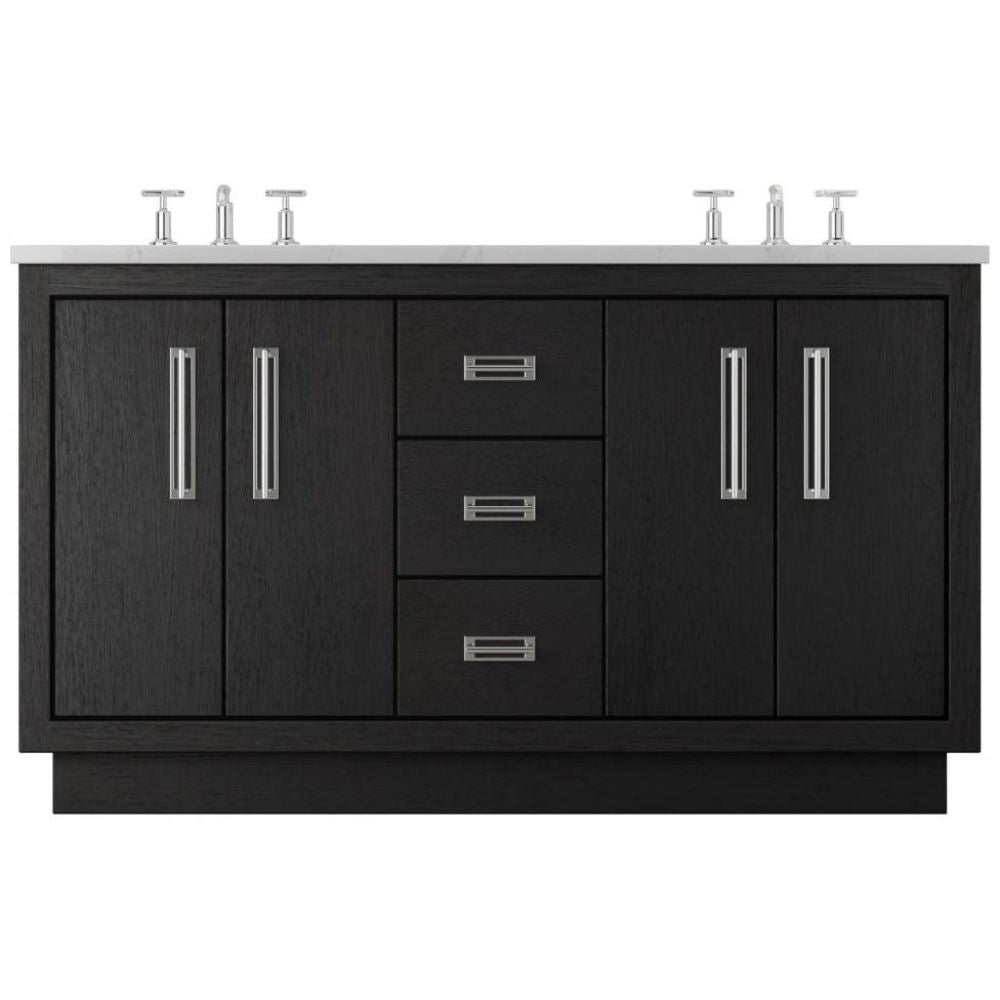Black bathroom vanity with silver handles on a white background
