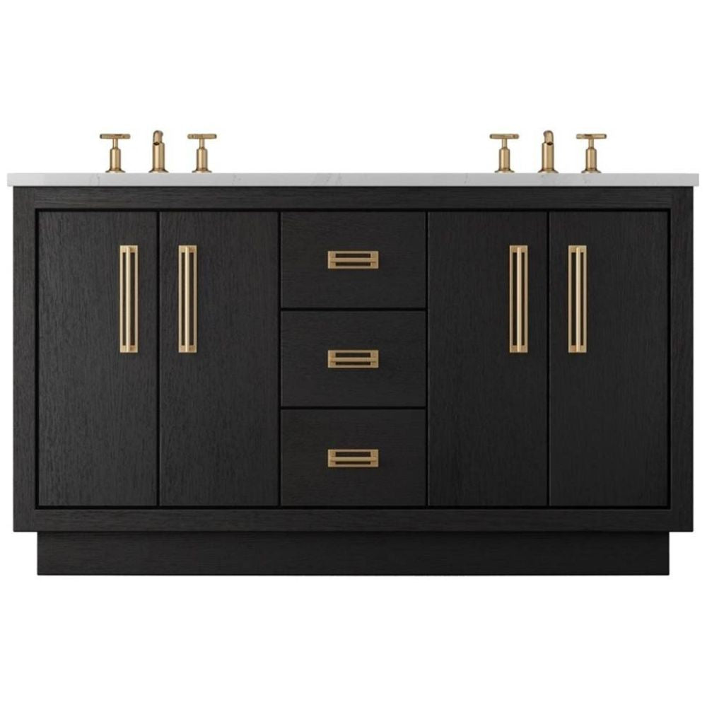 Black bathroom vanity with gold fixtures on a white background
