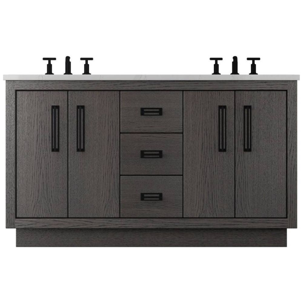 Gray bathroom vanity with white countertop and black fixtures on a white background