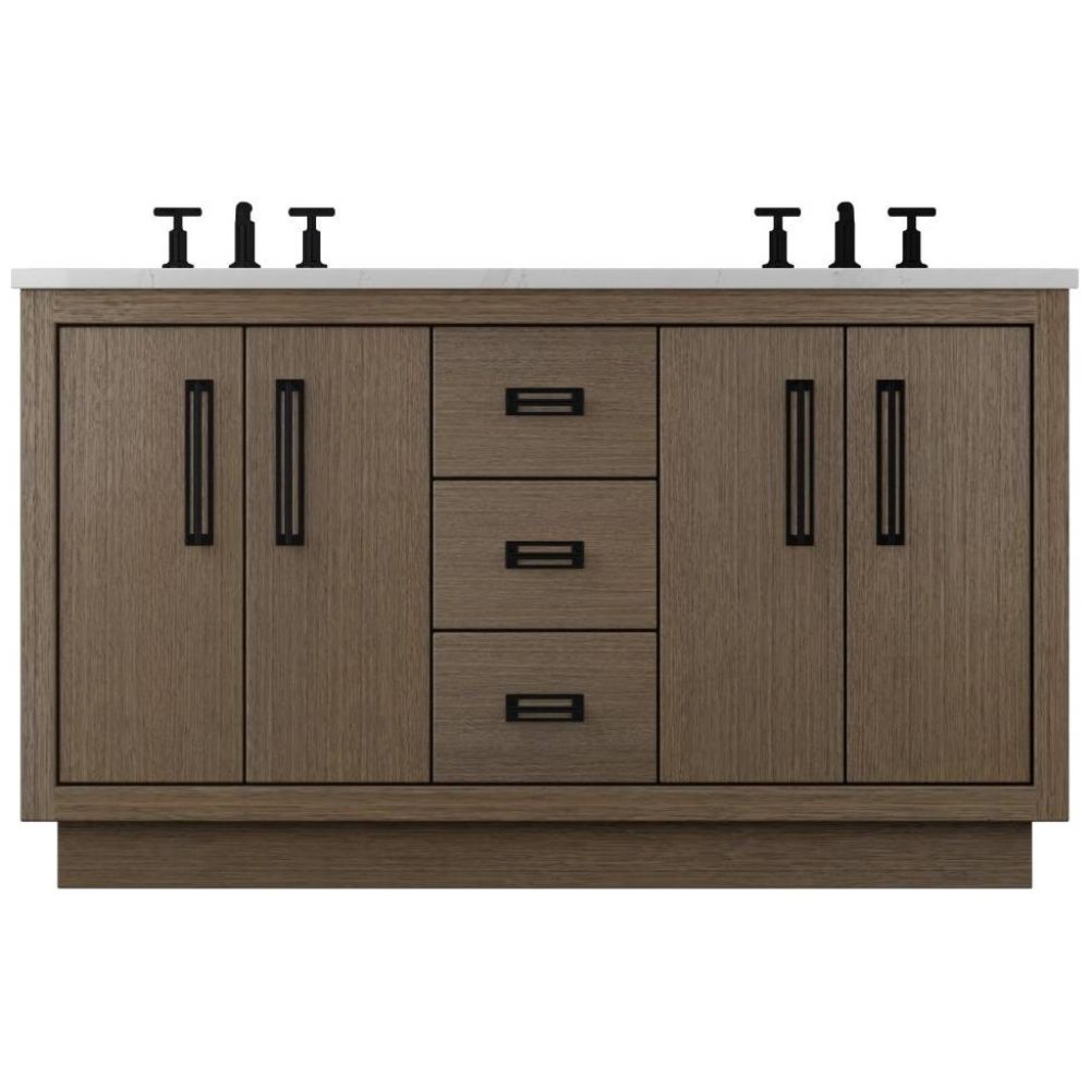 Wooden bathroom vanity with white countertop and black fixtures on a white background