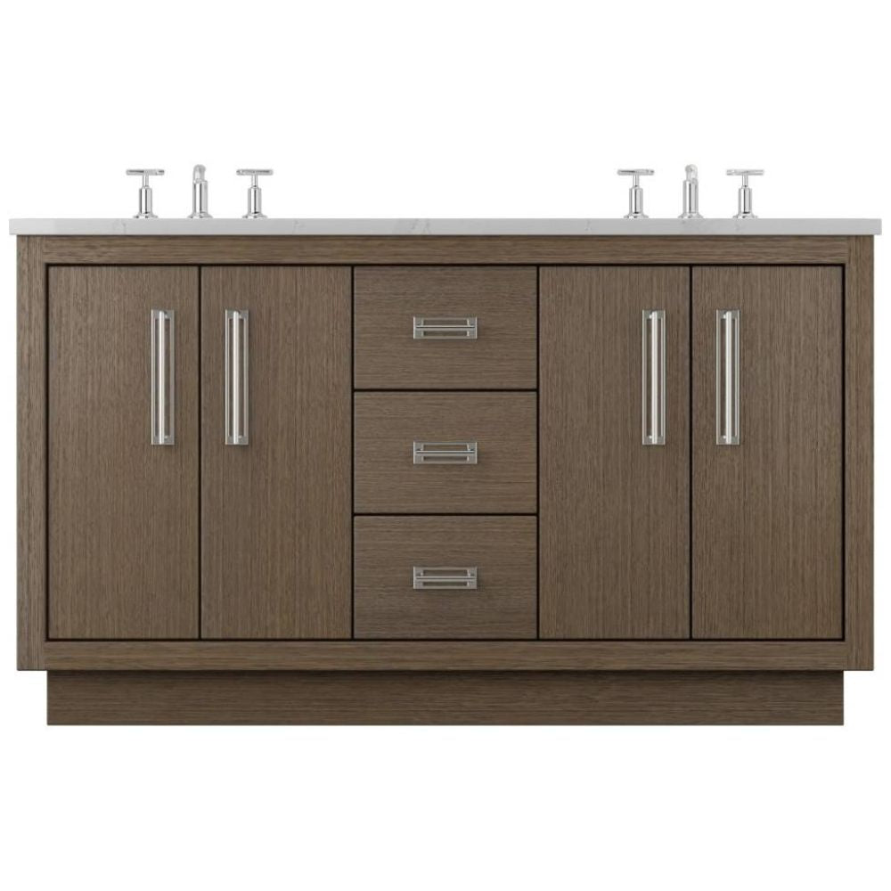 Wooden bathroom vanity with white countertop and silver fixtures on a white background