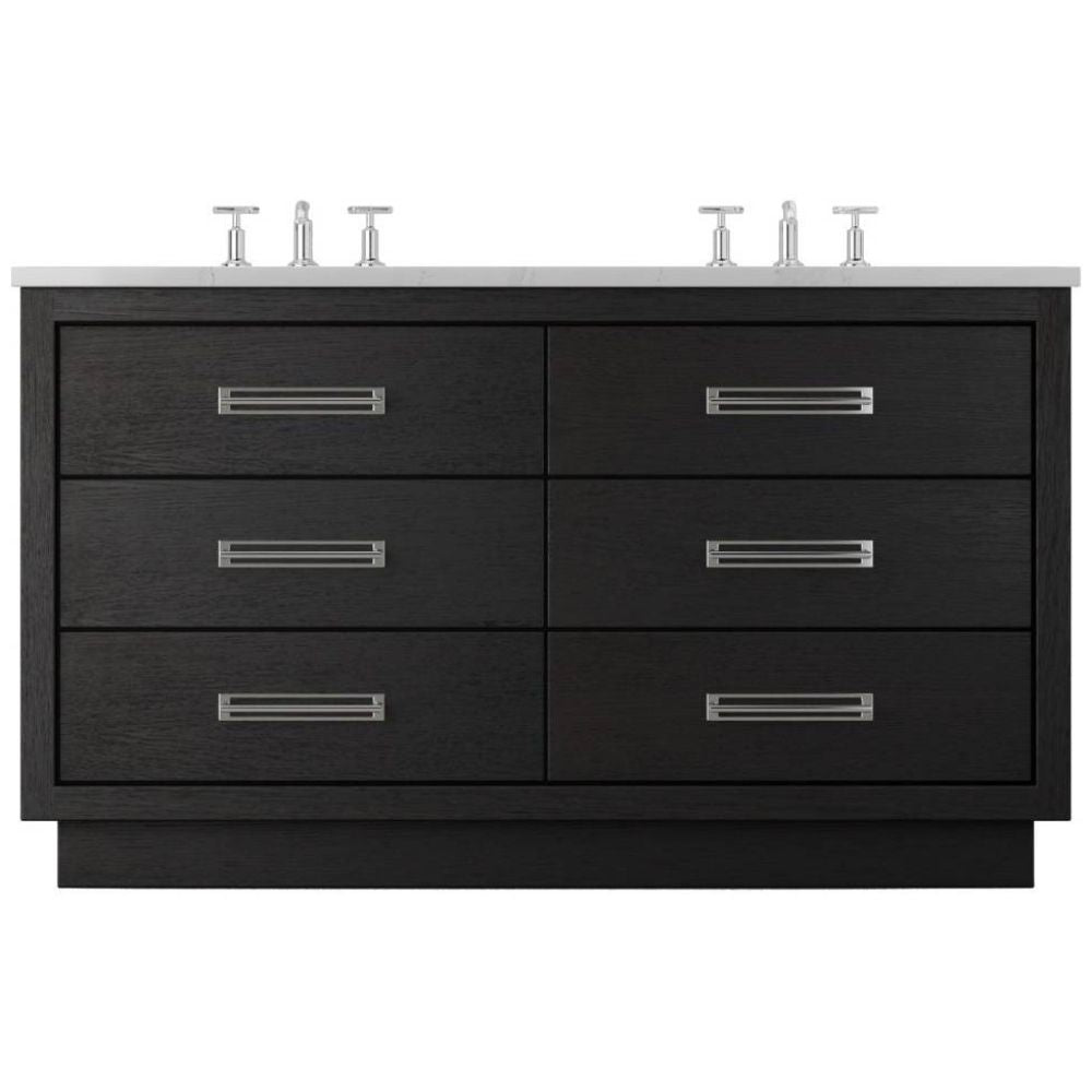 Black bathroom vanity with white countertop and silver fixtures on a white background