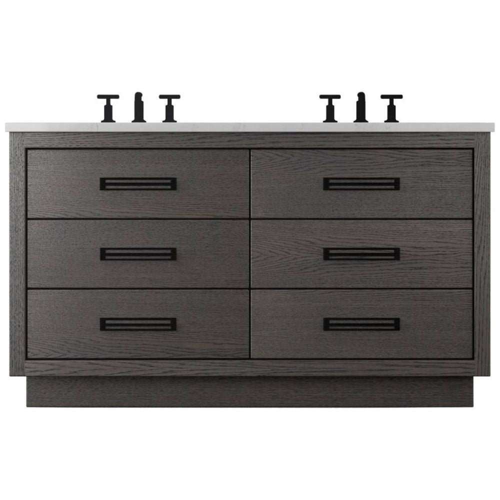 Bathroom vanity with six drawers, gold handles, and two sink fixtures on a white background