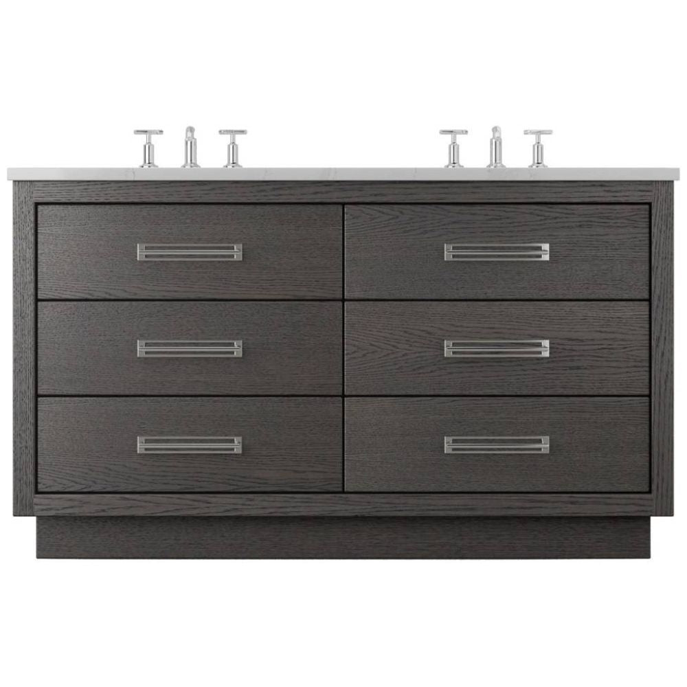 Bathroom vanity with six drawers, gold handles, and two sink fixtures on a white background