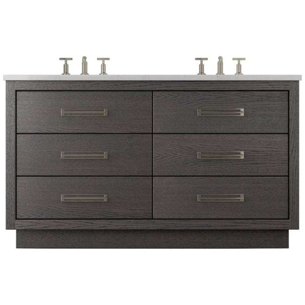 Bathroom vanity with six drawers, gold handles, and two sink fixtures on a white background