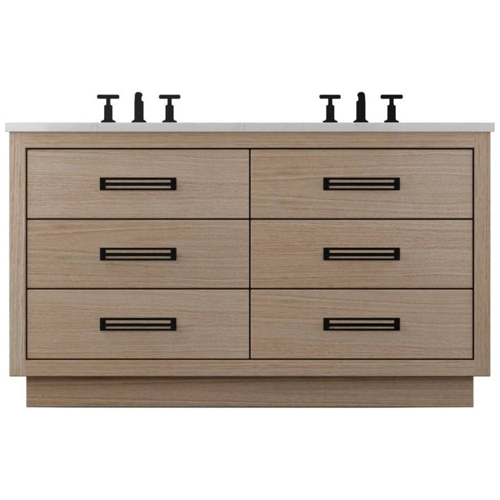 Bathroom vanity with four drawers and a white countertop on a white background