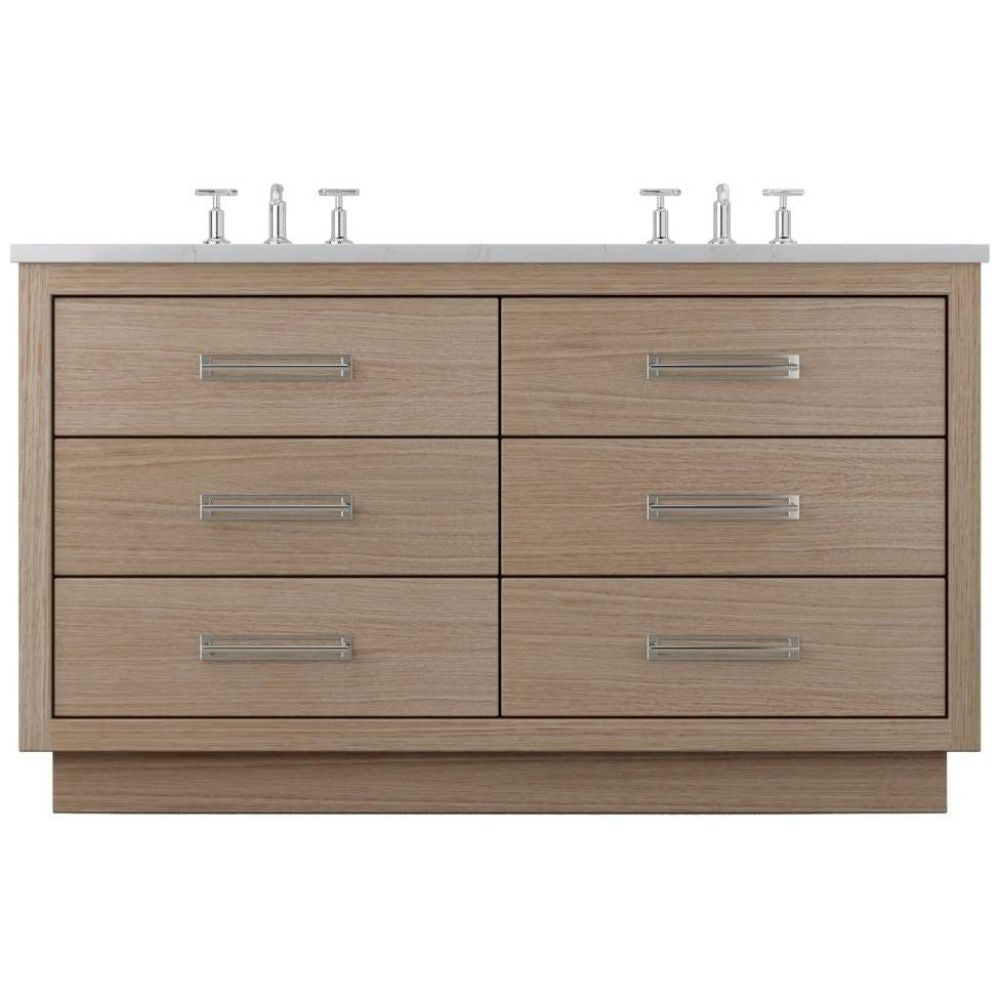 Bathroom vanity with multiple drawers and faucet fixtures on a white background