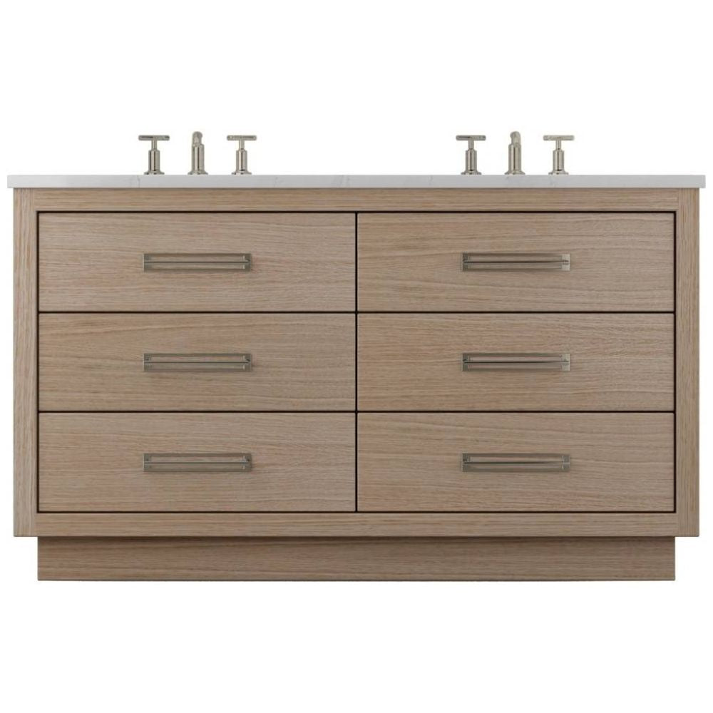 Bathroom vanity with four drawers, two sink fixtures, and a white countertop on a white background.