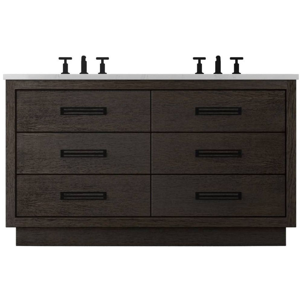 Bathroom vanity with six drawers and a white countertop on a white background