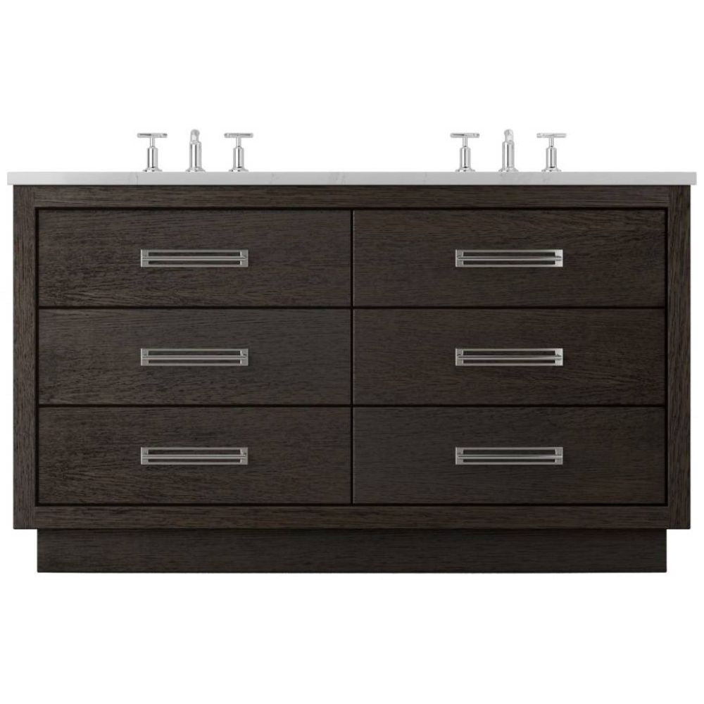 Bathroom vanity with dark wood finish and white countertop on a white background