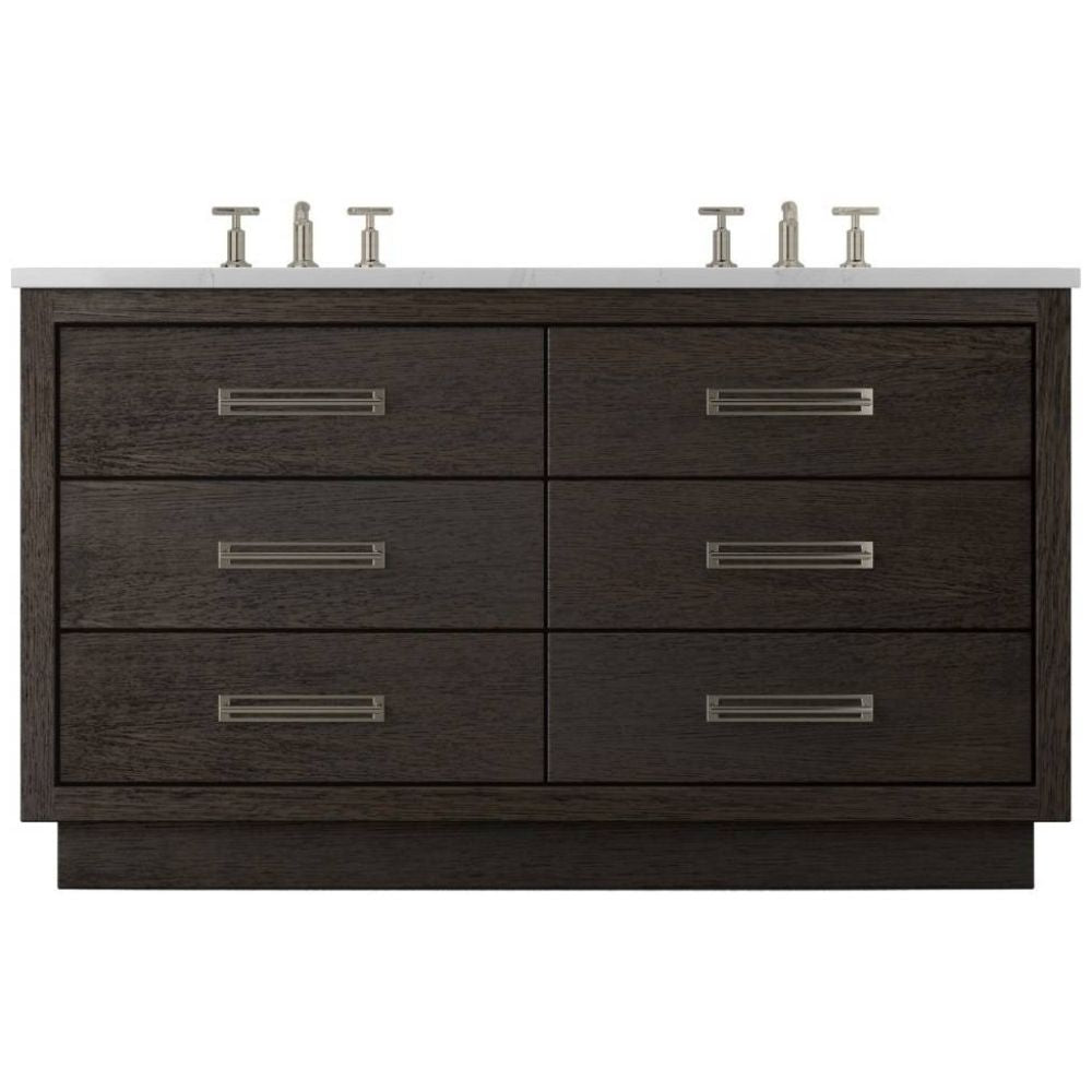 Bathroom vanity with six drawers and two sink fixtures on a white background