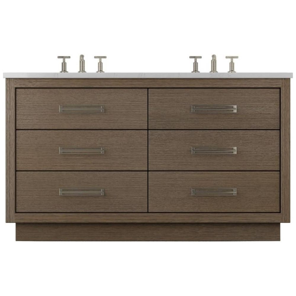 Wooden bathroom vanity with white countertop and silver fixtures on a white background