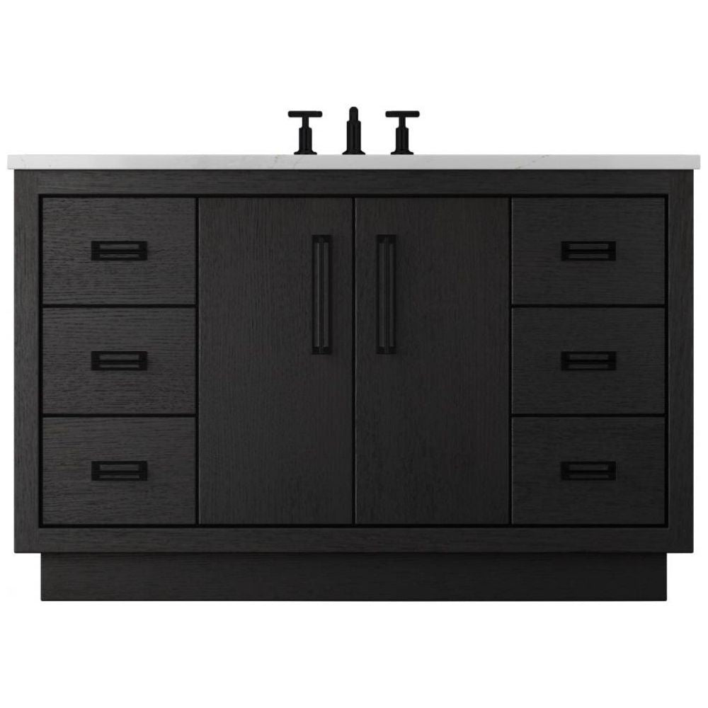 Black bathroom vanity with white countertop and fixtures on a white background