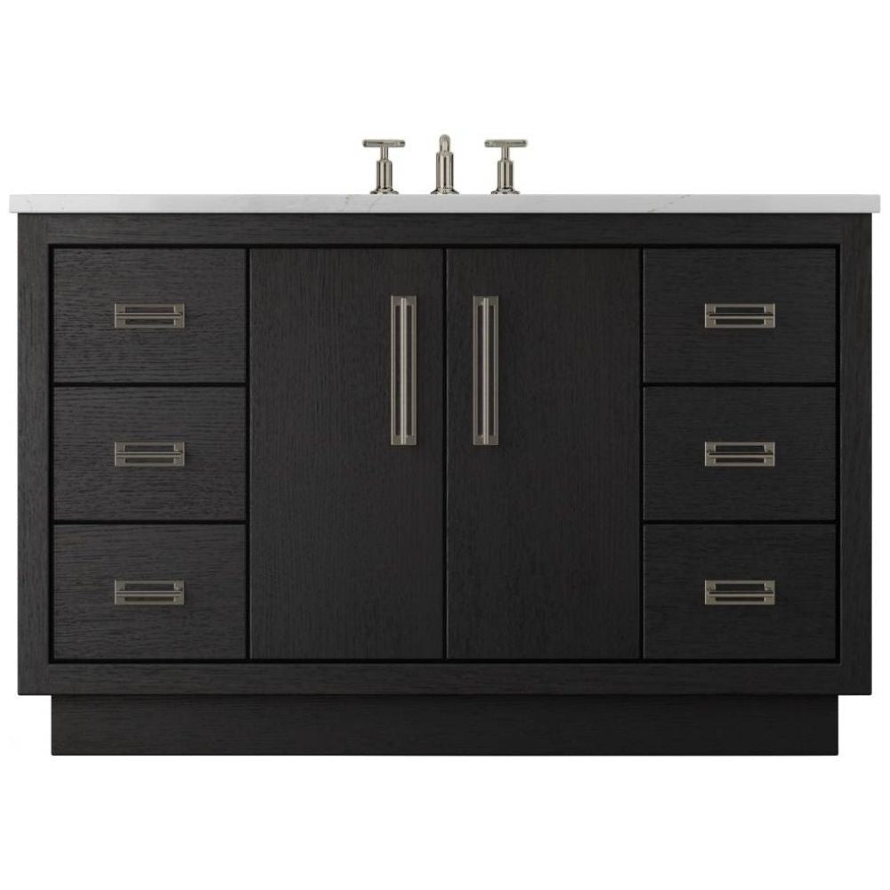 Black bathroom vanity with white countertop and silver fixtures on a white background