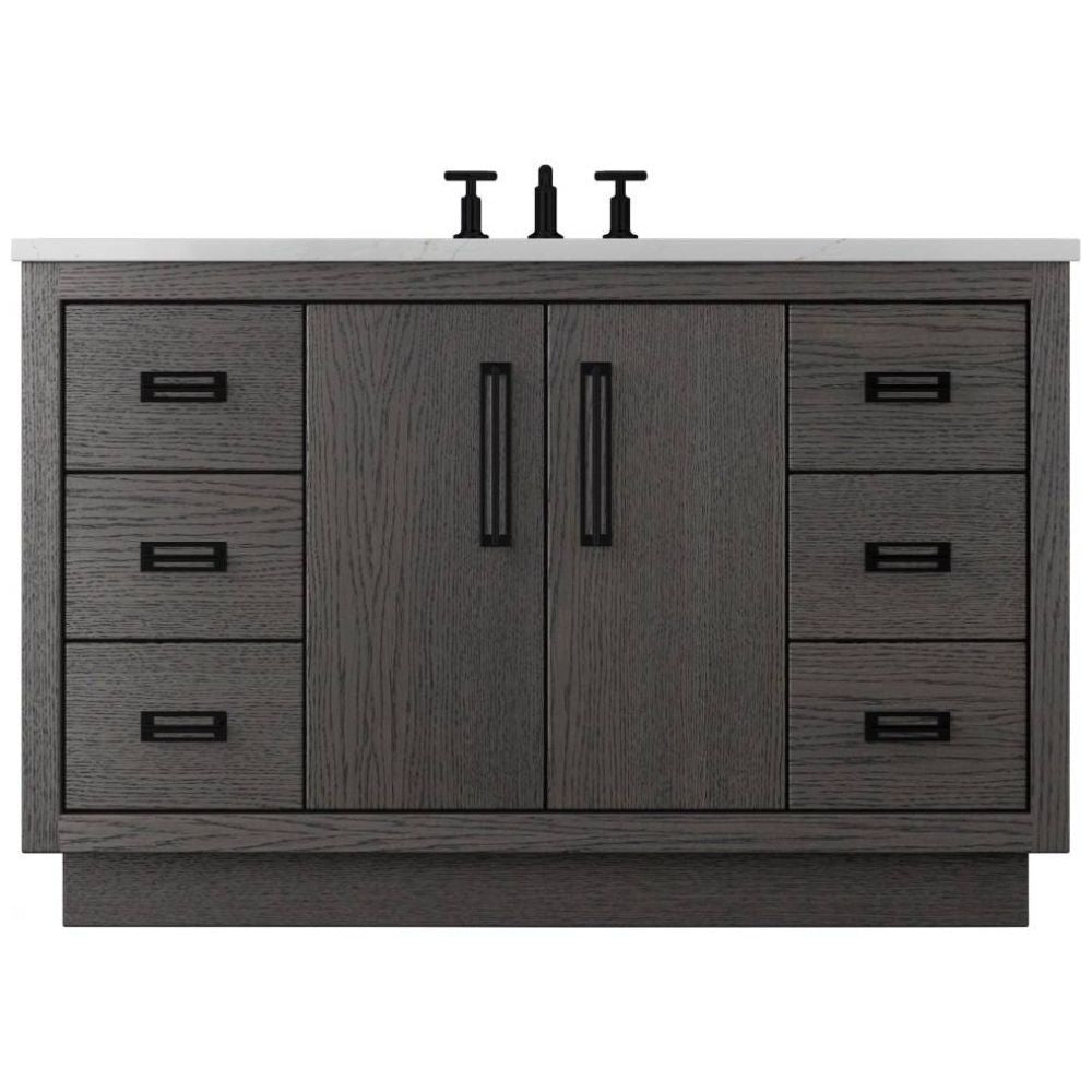 Bathroom vanity with dark wood finish and white countertop on a white background