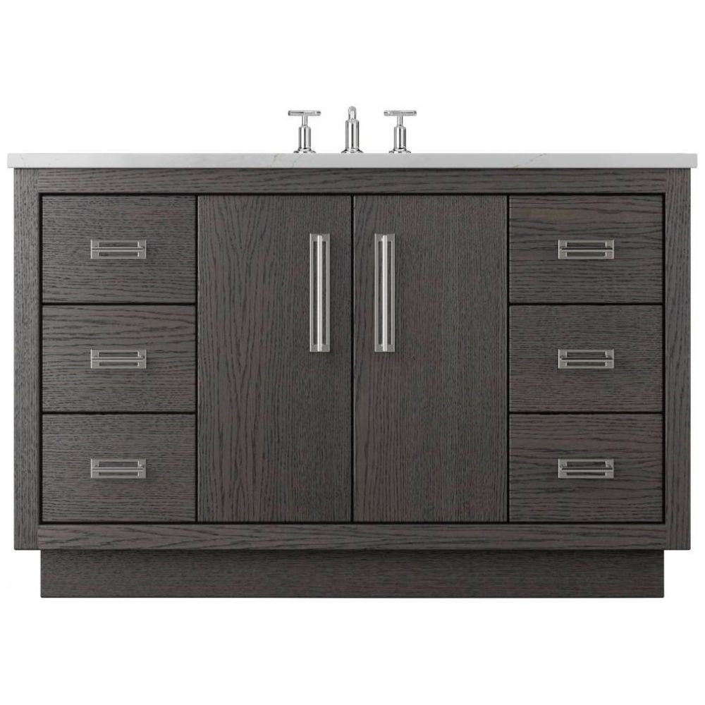 Bathroom vanity with dark wood finish, white countertop, and silver fixtures on a white background