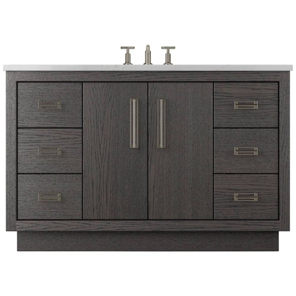 Bathroom vanity with dark wood finish and white countertop on a white background